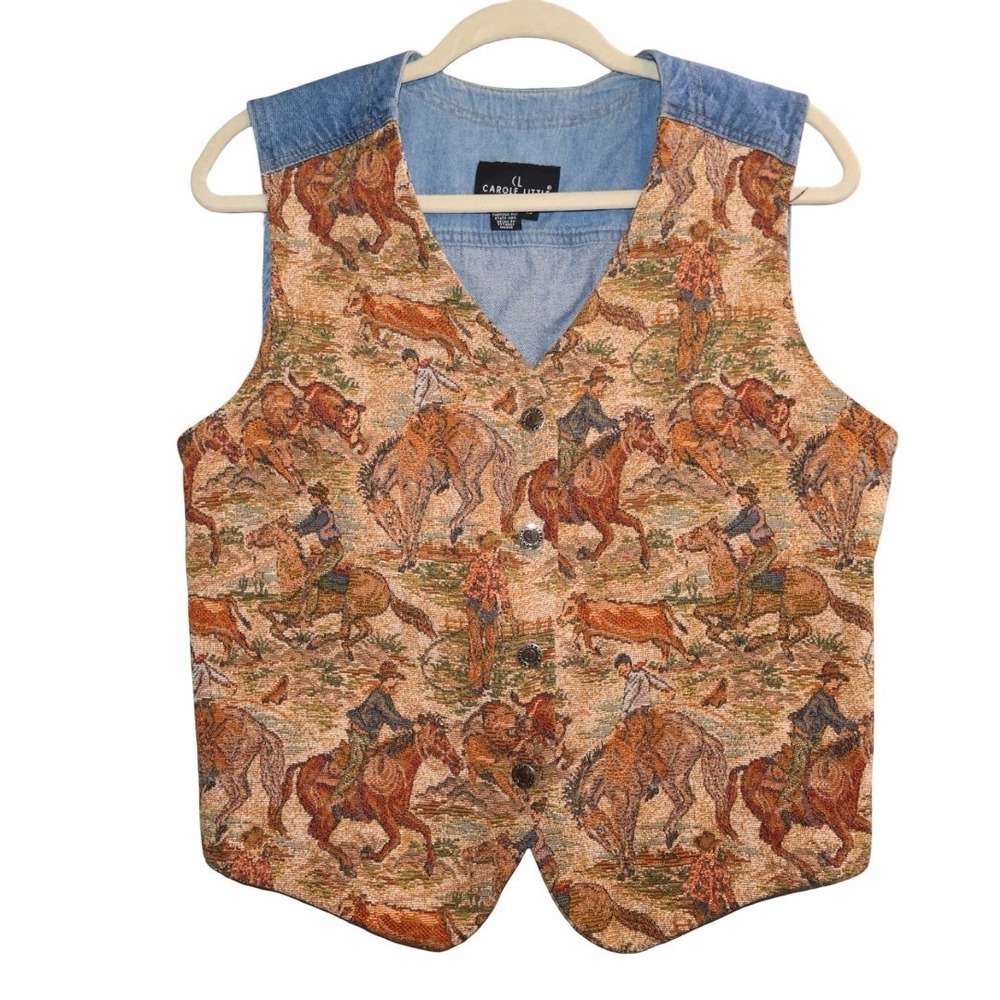 90s Tapestry Equestrian Carole Little Sport Denim Vest Size L Vintage Cowgirl‎